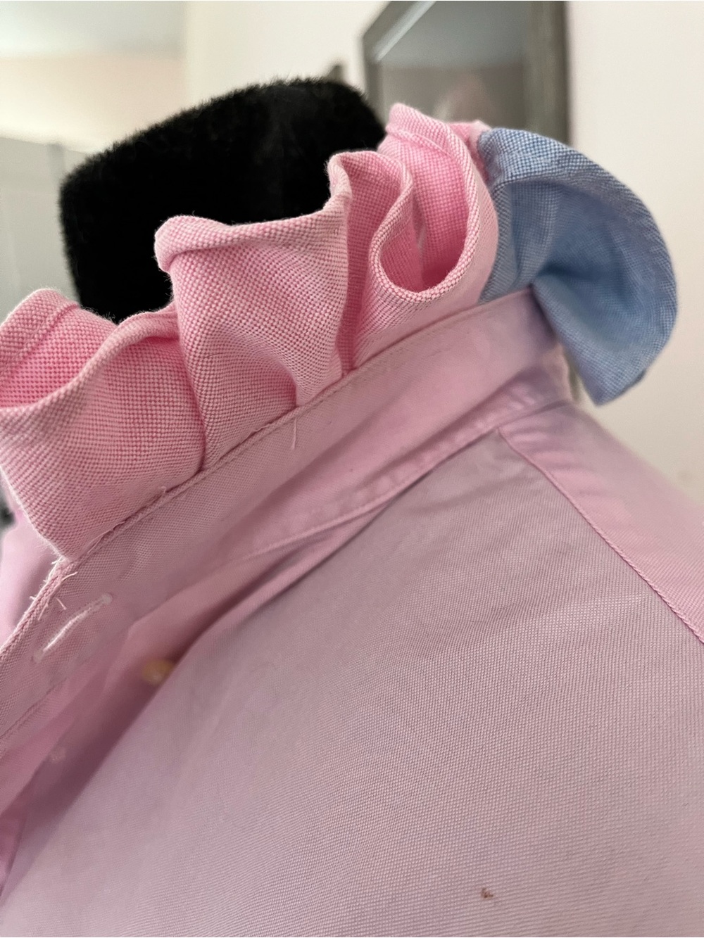 Upcycled Ralph Lauren Light Pink Button-Down Oxford Shirt Ruffle Collar - Picture 3 of 7
